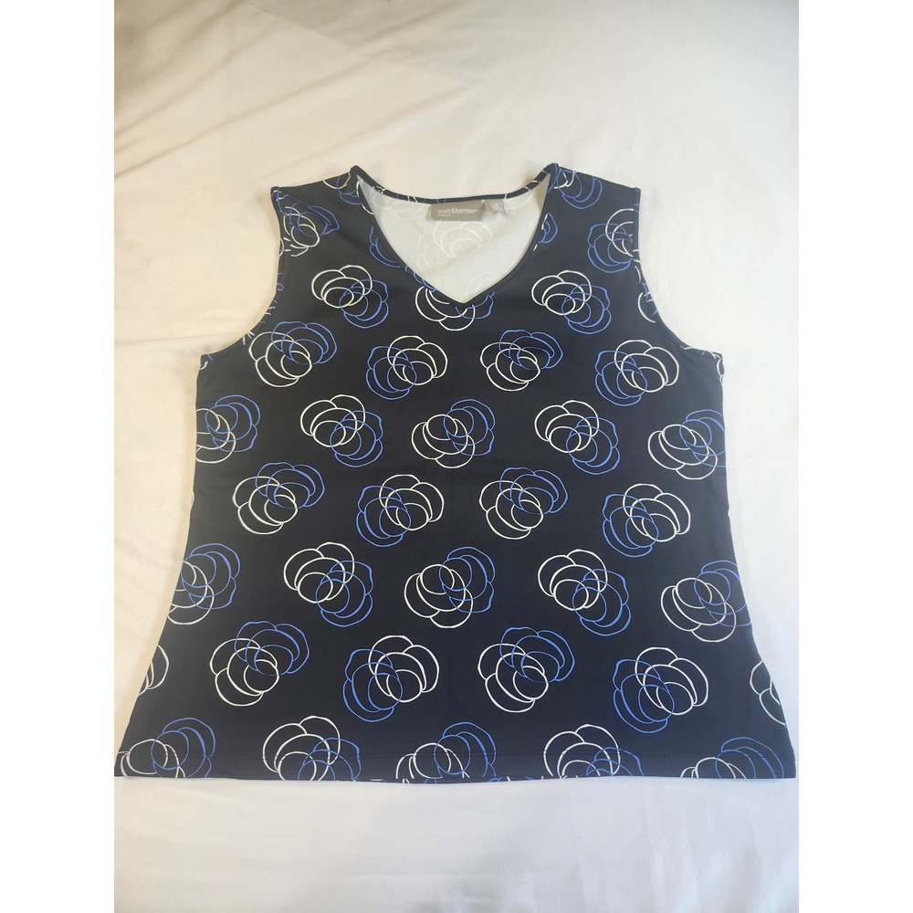 Croft & Barrow Womens Navy Blue Floral Swirl V-Neck Sleeveless Stretch Top M